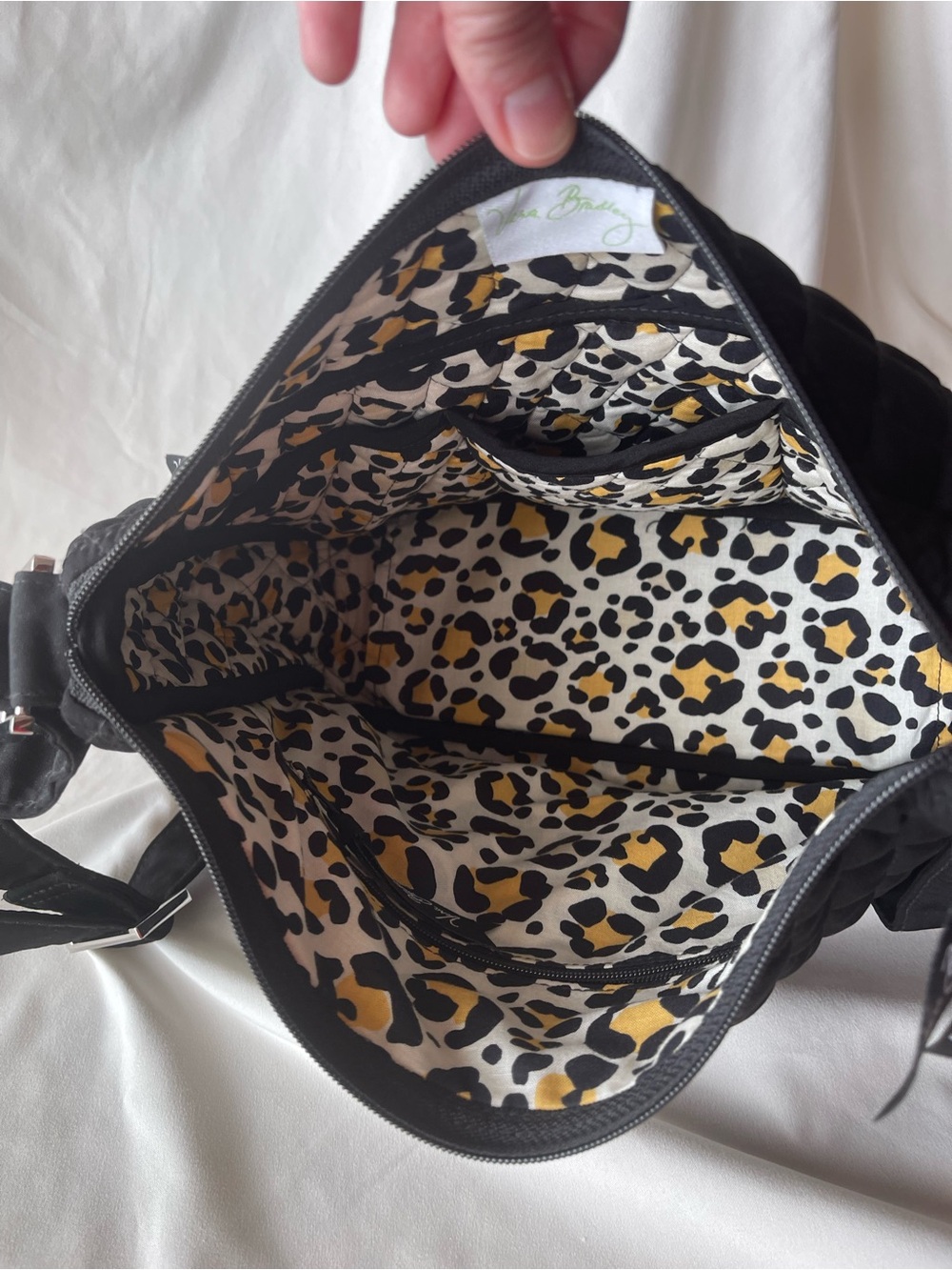 Vera Bradley Black Shoulder Bag with Leopard-Print Gold and White Lining